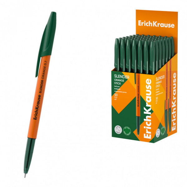 Ручка шариковая ErichKrause Slender® Stick Orange 0.7, Super Glide Technology, цвет чернил зеленый (