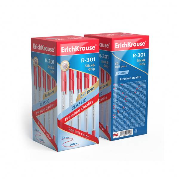 Ручка шариковая ErichKrause® R-301 Classic Stick&Grip 1.0, цвет чернил красный (коробка 50 шт.)