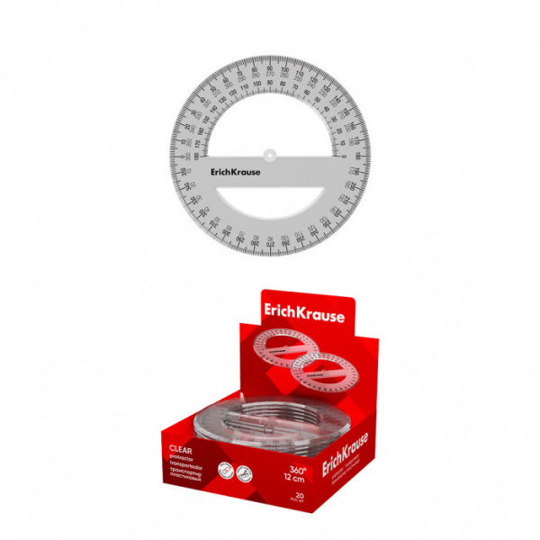 Транспортир пластиковый ErichKrause® Clear, 360°/12см, прозрачный, в коробке-дисплее