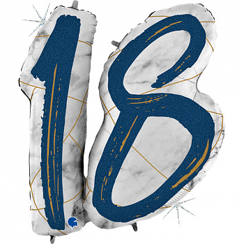 Шар (38''/97 см) Цифра, 18 Мрамор Калакатта, Синий, Голография, 1 шт.