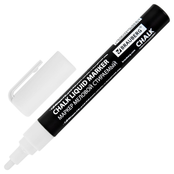 Маркер меловой CHALK LIQUID MARKER, БЕЛЫЙ, 3 мм, стираемый, BRAUBERG "CHALK", 152585