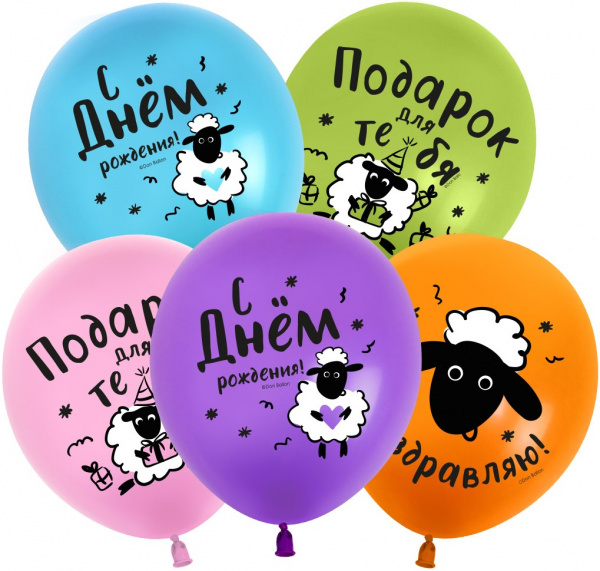 Шар (12''/30 см) С Днем Рождения! (барашки), Ассорти, пастель 5 шт
