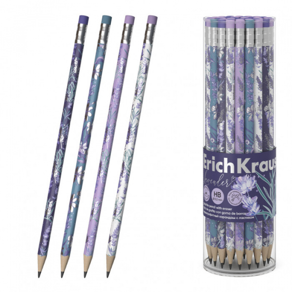 Чернографитный карандаш ErichKrause Lavender, трехгранный, с ластиком, HB (в тубусе по 42 шт.)