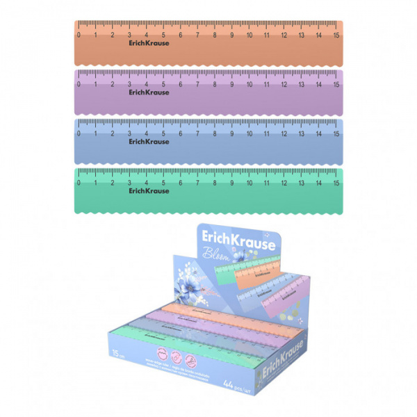 Линейка с волнистым краем пластиковая ErichKrause Pastel Bloom, 15см, ассорти (в коробке-дисплее по 