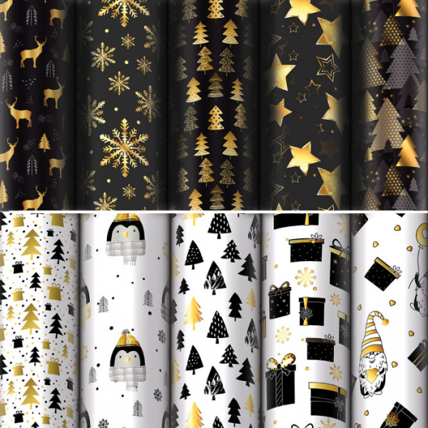 Бумага упаковочная новогодняя "Black.Gold.White" 70*100см, 10 дизайнов ассорти ЗОЛОТАЯ СКАЗКА, 59205