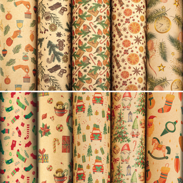Бумага упаковочная новогодняя "Christmas Kraft" 70*100см, 10 дизайнов ассорти, ЗОЛОТАЯ СКАЗКА, 59205