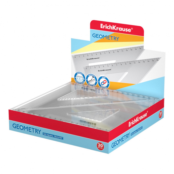 Угольник пластиковый ErichKrause® Clear, 45°/16см, прозрачный, в коробке-дисплее