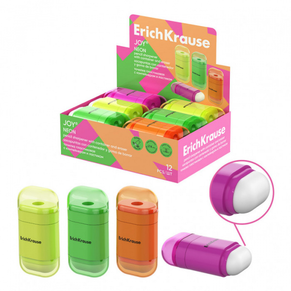 Точилка пластиковая ErichKrause JOY®, Neon, с контейнером и ластиком, ассорти (в коробке-дисплее по 