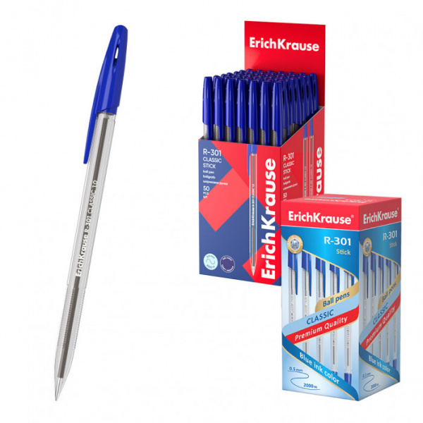 Ручка шариковая ErichKrause R-301 Stick Classic 1.0, цвет чернил синий (в коробке по 50 шт.)