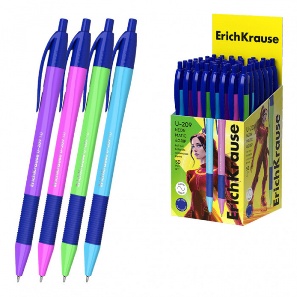 Ручка шариковая автоматическая ErichKrause U-209 Matic&Grip Neon 1.0, Ultra Glide Technology, цвет ч