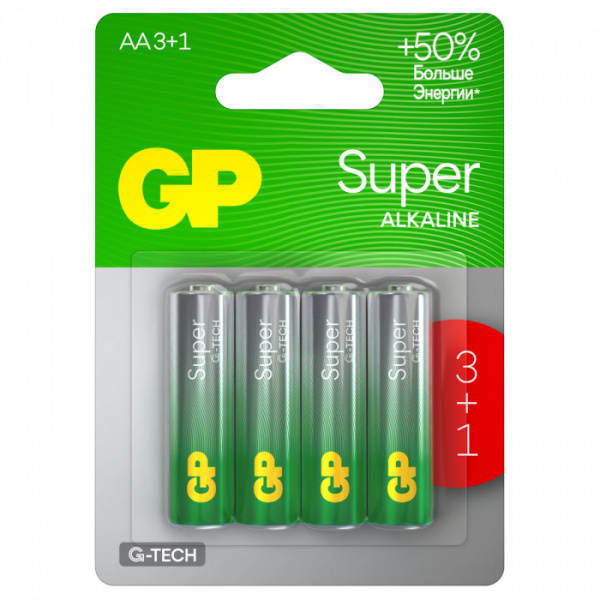 Батарейка GP Super G-Tech AA (LR6) 15A алкалиновая, BC4 (промо 3+1) GP 15AA213/1-2CRSBC4