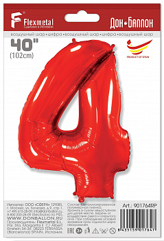 Шар (40''/102 см) Цифра, 4, Красный, 1 шт. в уп. Flexmetal, ИСПАНИЯ