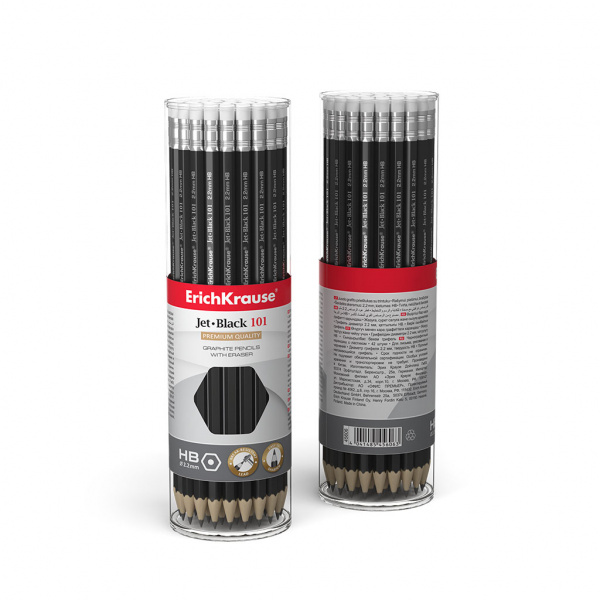 Чернографитный карандаш ErichKrause Jet Black, шестигранный , с ластиком, HB (в тубусе по 42 шт.)