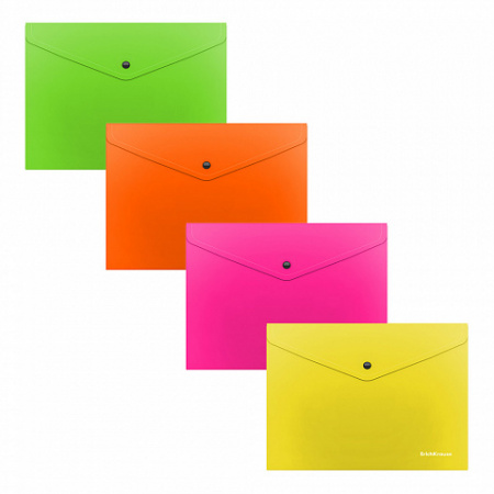 Папка-конверт на кнопке пластиковая  ErichKrause® Glossy Neon, полупрозрачная, Travel, ассорти (в па