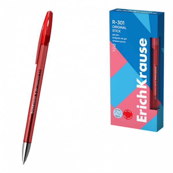 Ручка гелевая ErichKrause R-301 Gel Stick Original  0.5, цвет чернил красный (в коробке по 12 штук)