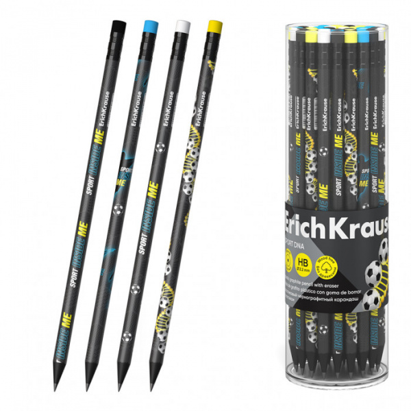 Чернографитный карандаш пластиковый ErichKrause Sport DNA, круглый, с ластиком, HB (в тубусе по 42 ш