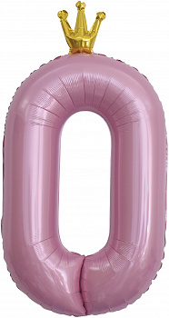 Шар (40''/102 см) Цифра, 0 Золотая корона, Розовый, 1 шт. в уп.