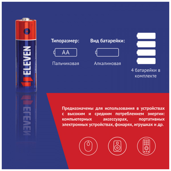 Батарейка Eleven AA (LR6) алкалиновая, BC4 301748