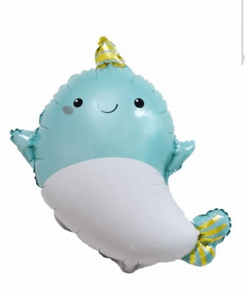 Шар (28''/71 см) Фигура, Сказочный нарвал, Голубой, 1 шт.