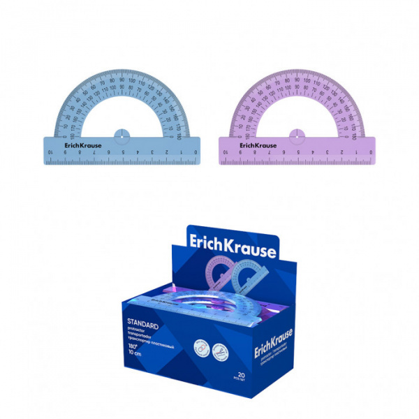 Транспортир пластиковый ErichKrause® Standard, 180°/10см, ассорти из 2 цветов, в коробке-дисплее
