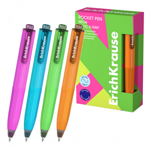 Ручка шариковая автоматическая ErichKrause Poсket Pen Matic&Grip Neon 0.5, цвет чернил синий (в коро