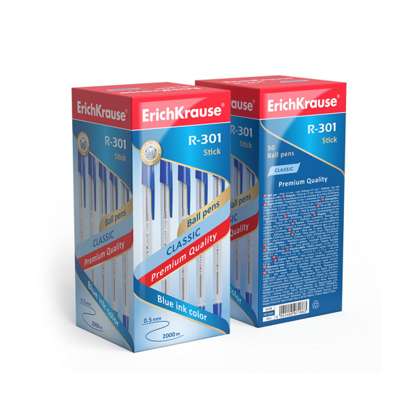 Ручка шариковая ErichKrause R-301 Stick Classic 1.0, цвет чернил синий (в коробке по 50 шт.)