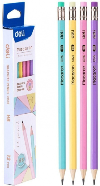 Карандаш чернографитный Deli Macaron EU54800 HB шестигр., корпус в ассорт