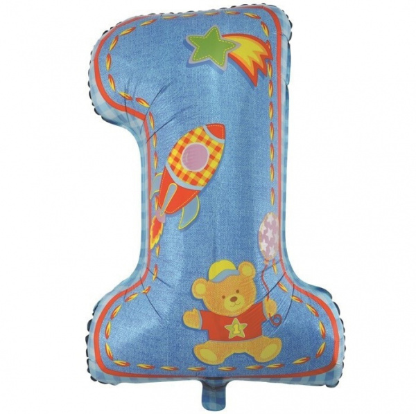 Шар (34''/86 см) Цифра, 1 День рождения мальчика, Голубой, 1 шт.