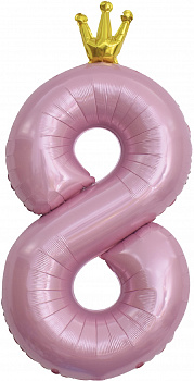 Шар (40''/102 см) Цифра, 8 Золотая корона, Розовый, 1 шт. в уп.