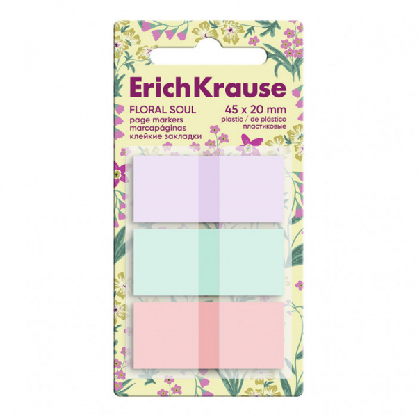 Клейкие закладки пластиковые  ErichKrause Floral Soul, 45x20 мм, 60 листов, 3 цвета, z-сложение