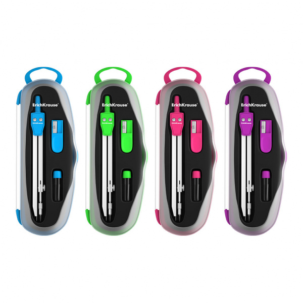 Готовальня ErichKrause Neon, 3 предмета, пенал, ассорти (в коробке по 12 шт)