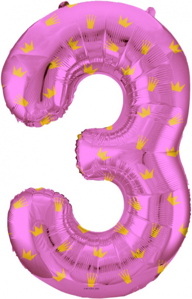 Шар (34''/86 см) Цифра, 3 Золотые короны, Розовый, 1 шт. в упак.