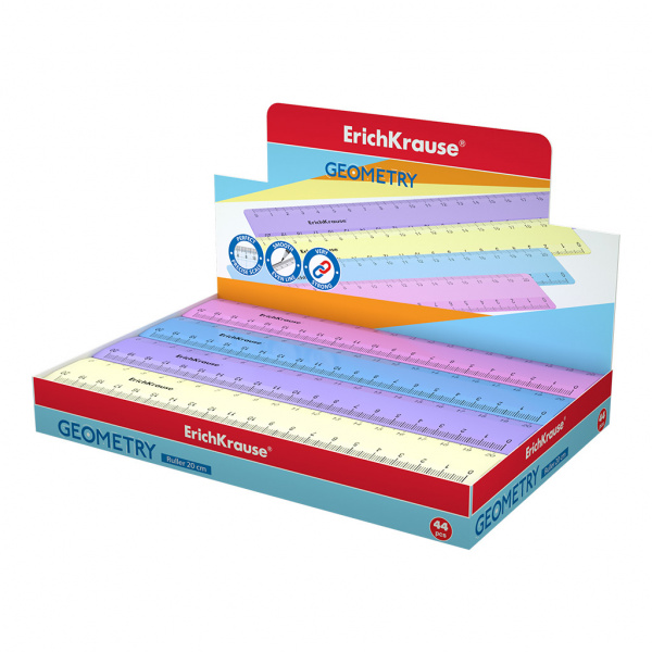 Линейка пластиковая  ErichKrause® Pastel, 20 см, ассорти из 4 цветов, в коробке-дисплее