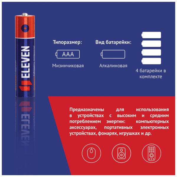 Батарейка Eleven AAA (LR03) алкалиновая, BC4 301745
