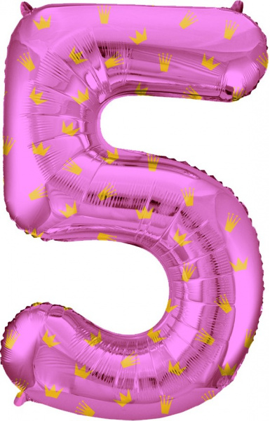 Шар (34''/86 см) Цифра, 5 Золотые короны, Розовый, 1 шт. в упак.
