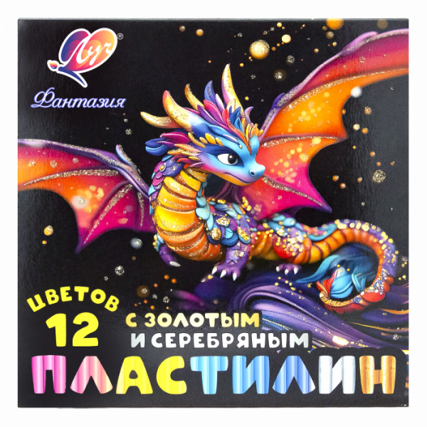 Пластилин 12цв Луч Фантазия восковой 230г + золотой + серебряный, стек