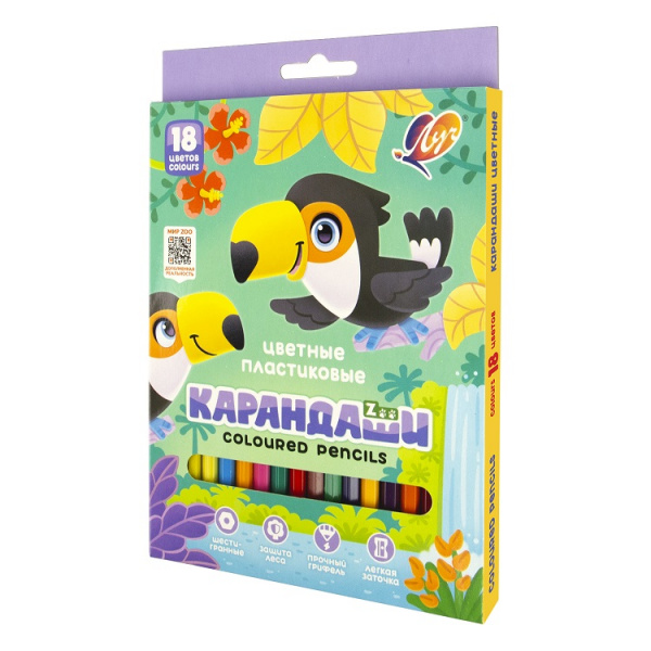 Карандаши цветные шестигранные "ZOO" 18 цв. (пластиковые)