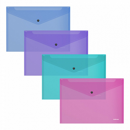 Папка-конверт на кнопке пластиковая  ErichKrause® Fizzy Vivid, полупрозрачная, A4, ассорти  (в пакет