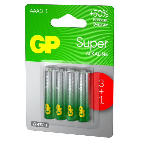 Батарейка GP Super G-Tech AAA (LR03) 24A алкалиновая, BC4 (промо 3+1) GP 24AA213/1-2CRSBC4