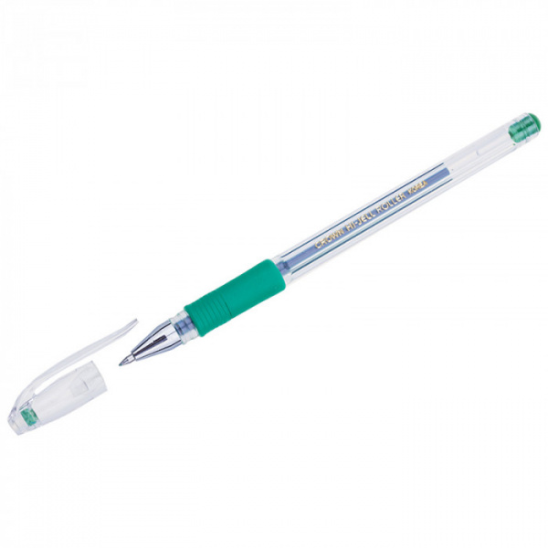 Ручка гелевая Crown "Hi-Jell Grip" зеленая, 0,5мм, грип HJR-500R