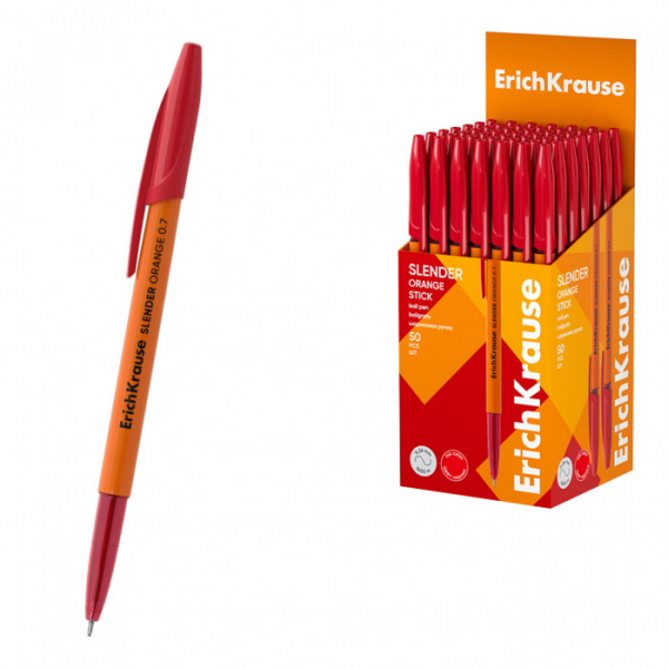 Ручка шариковая ErichKrause Slender® Stick Orange 0.7, Super Glide Technology, цвет чернил красный (