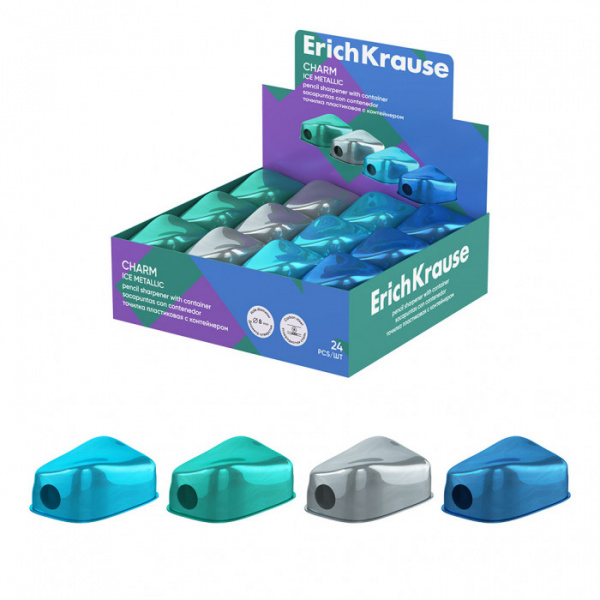 Точилка пластиковая ErichKrause Charm, Ice Metallic, с контейнером, ассорти (в коробке-дисплее по 24
