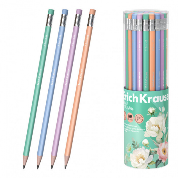 Чернографитный карандаш ErichKrause Pastel Bloom, трехгранный , с ластиком, HB (в тубусе по 42 шт.)