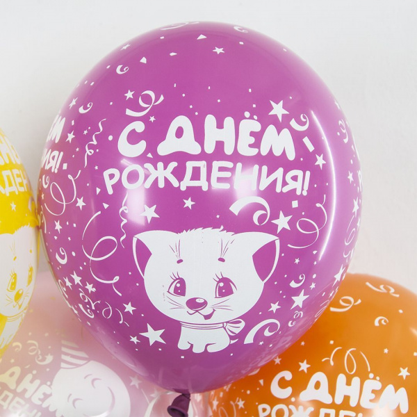 Шар (12''/30 см) С Днем Рождения! (милые котята), Ассорти, пастель 6 шт