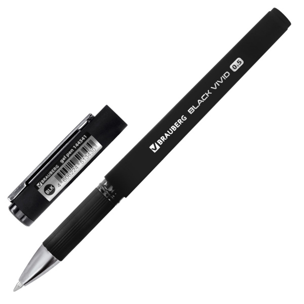 Ручка гелевая с грипом BRAUBERG "BLACK VIVID", ЧЕРНАЯ, корпус SOFT-TOUCH, пишущий узел 0,5 мм, линия