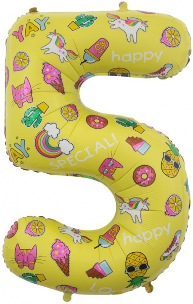 Шар (34''/86 см) Цифра, 5, Веселые картинки, Желтый, в упаковке  шт.