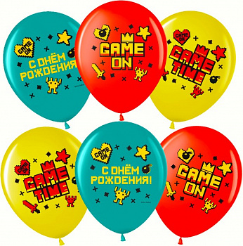 Шар (12''/30 см) Game Time, С Днем Рождения!, Ассорти, пастель 6 шт