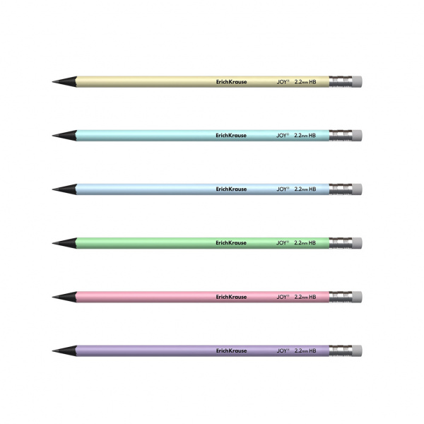 Чернографитный карандаш пластиковый ErichKrause JOY® Pastel, круглый, с ластиком, HB (в тубусе по 42
