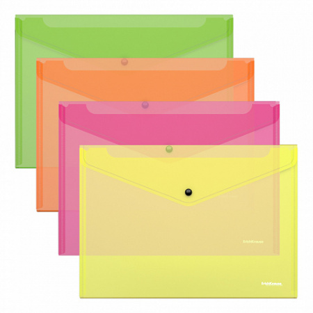 Папка-конверт на кнопке пластиковая  ErichKrause® Glossy Neon, полупрозрачная, Travel, ассорти (в па