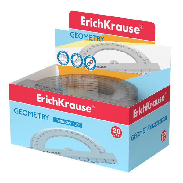 Транспортир пластиковый ErichKrause Clear, 180°/10см, прозрачный (в коробке-дисплее по 20 шт)